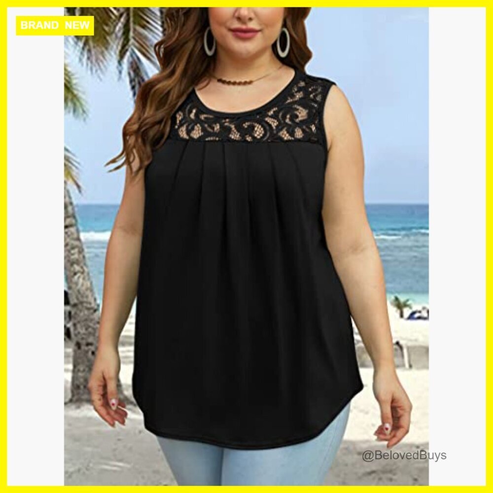 Loose Fit Pleated Tank Top Scoop Neck Lace Summer Tunic Flowy View 5